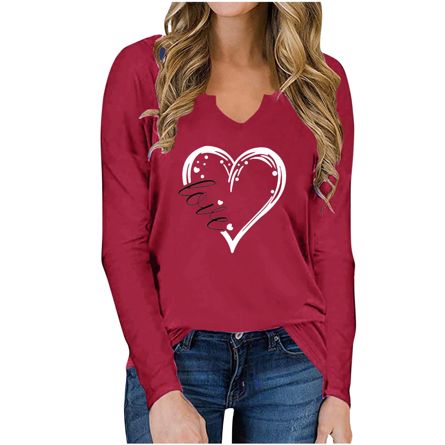 Vneck Love Printed Women Long-sleeve Tshirt