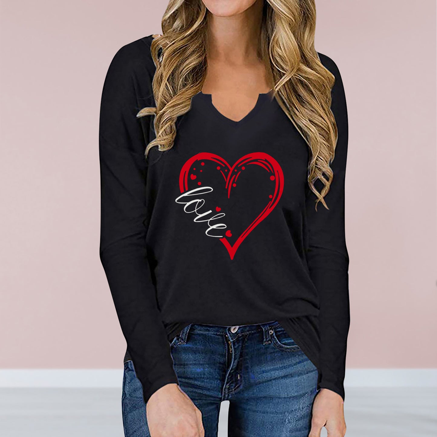 Vneck Love Printed Women Long-sleeve Tshirt