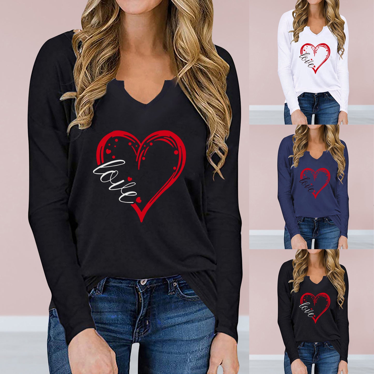 Vneck Love Printed Women Long-sleeve Tshirt